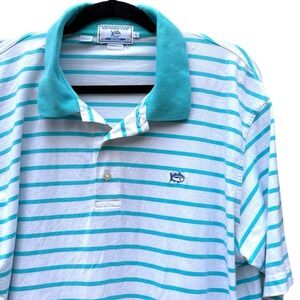Southern Tide Sport Skipjack Blue White Striped Polo Size XL Short Sleeve Cotton
